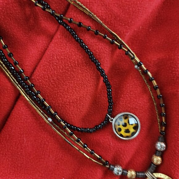 Chicos Mixed Metal Seed Bead Copper Black Animal Print Multi Strand 24" Necklace - Picture 14 of 16